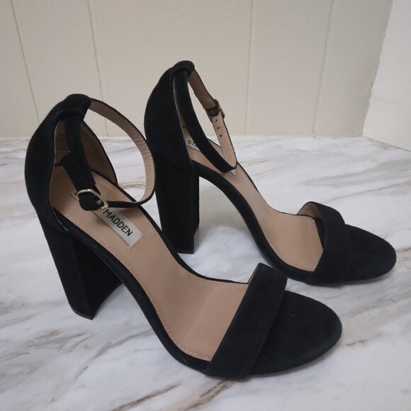 Steve Madden | Carrson Black Suede Block Heel Sandals | Size 9.5 - Picture 4 of 12